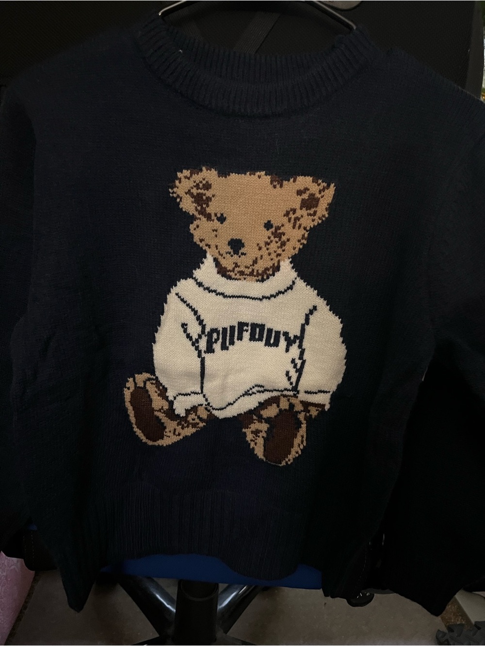 Navy Crewneck Sweater with Teddy Bear Graphic